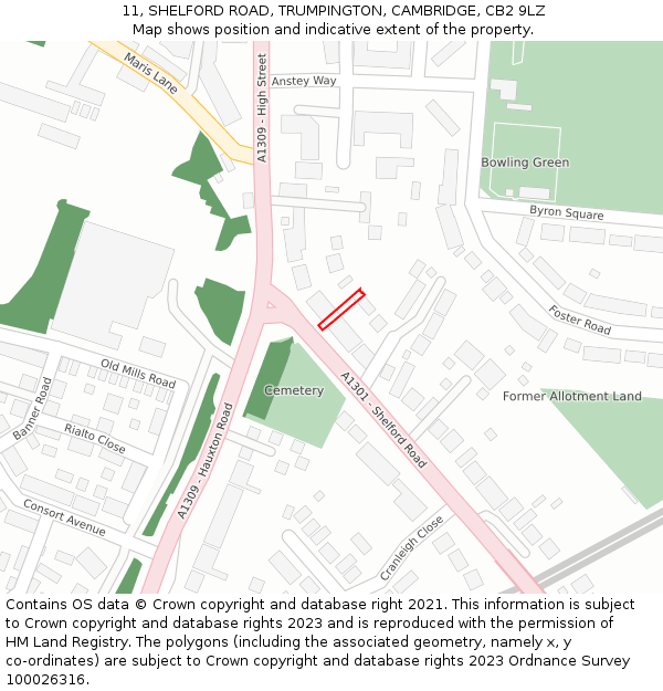11, SHELFORD ROAD, TRUMPINGTON, CAMBRIDGE, CB2 9LZ: Location map and indicative extent of plot