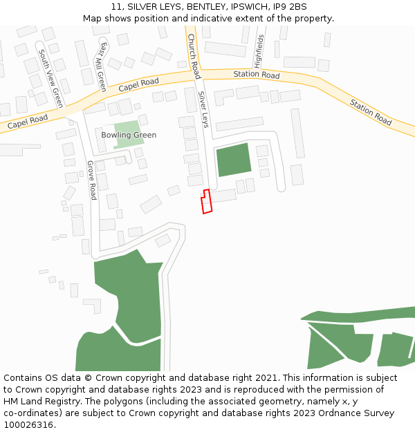 11, SILVER LEYS, BENTLEY, IPSWICH, IP9 2BS: Location map and indicative extent of plot