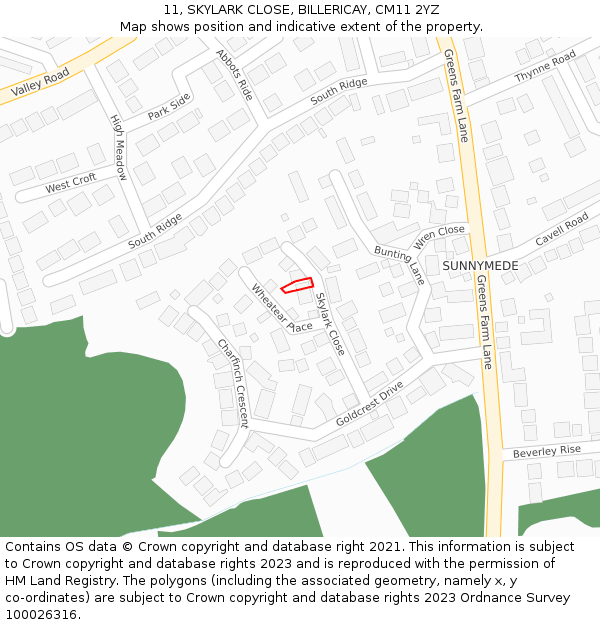 11, SKYLARK CLOSE, BILLERICAY, CM11 2YZ: Location map and indicative extent of plot