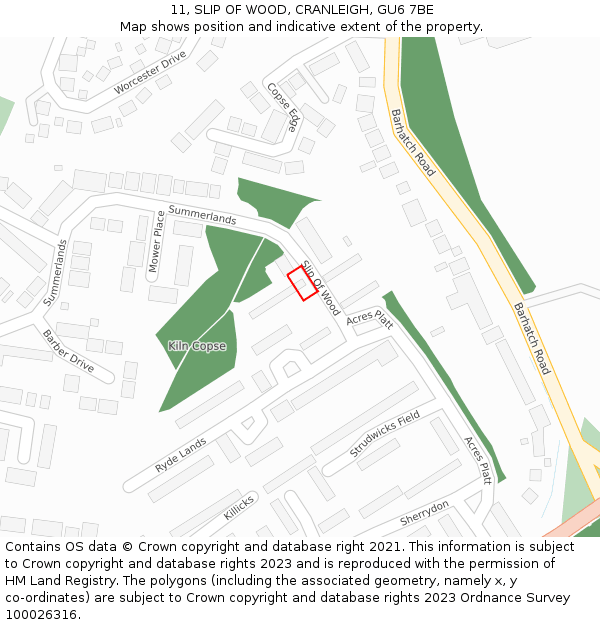 11, SLIP OF WOOD, CRANLEIGH, GU6 7BE: Location map and indicative extent of plot