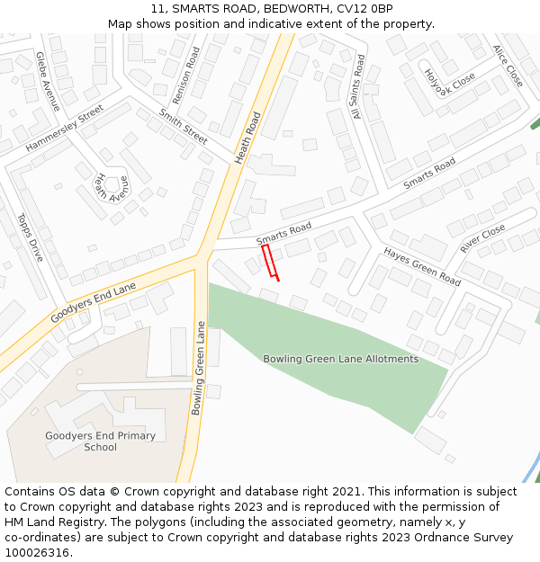 11, SMARTS ROAD, BEDWORTH, CV12 0BP: Location map and indicative extent of plot