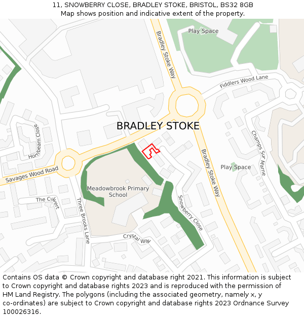 11, SNOWBERRY CLOSE, BRADLEY STOKE, BRISTOL, BS32 8GB: Location map and indicative extent of plot