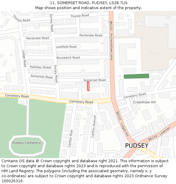 11, SOMERSET ROAD, PUDSEY, LS28 7LN: Location map and indicative extent of plot