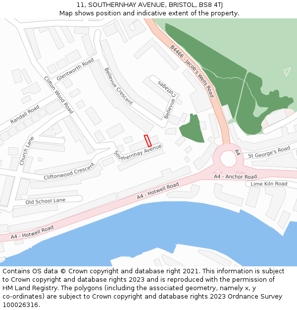 11, SOUTHERNHAY AVENUE, BRISTOL, BS8 4TJ: Location map and indicative extent of plot
