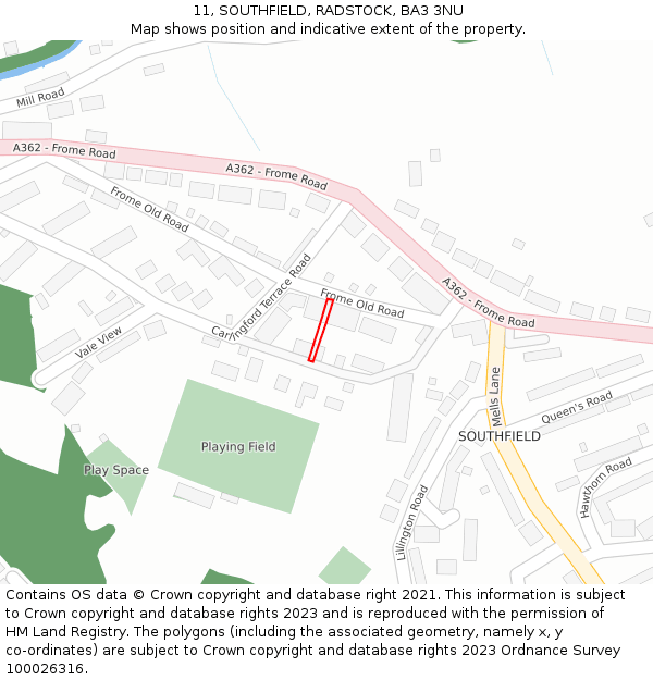11, SOUTHFIELD, RADSTOCK, BA3 3NU: Location map and indicative extent of plot