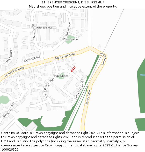 11, SPENCER CRESCENT, DISS, IP22 4UF: Location map and indicative extent of plot