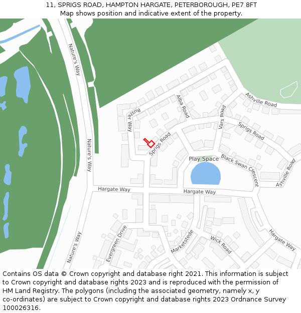 11, SPRIGS ROAD, HAMPTON HARGATE, PETERBOROUGH, PE7 8FT: Location map and indicative extent of plot