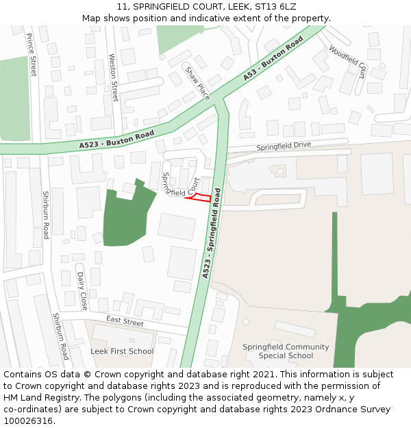 11, SPRINGFIELD COURT, LEEK, ST13 6LZ: Location map and indicative extent of plot
