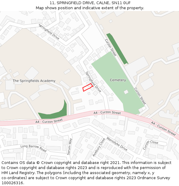 11, SPRINGFIELD DRIVE, CALNE, SN11 0UF: Location map and indicative extent of plot