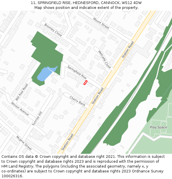11, SPRINGFIELD RISE, HEDNESFORD, CANNOCK, WS12 4DW: Location map and indicative extent of plot