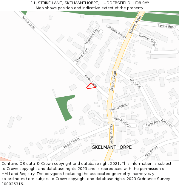 11, STRIKE LANE, SKELMANTHORPE, HUDDERSFIELD, HD8 9AY: Location map and indicative extent of plot