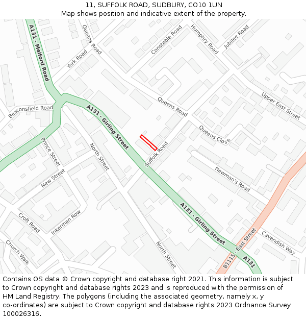11, SUFFOLK ROAD, SUDBURY, CO10 1UN: Location map and indicative extent of plot