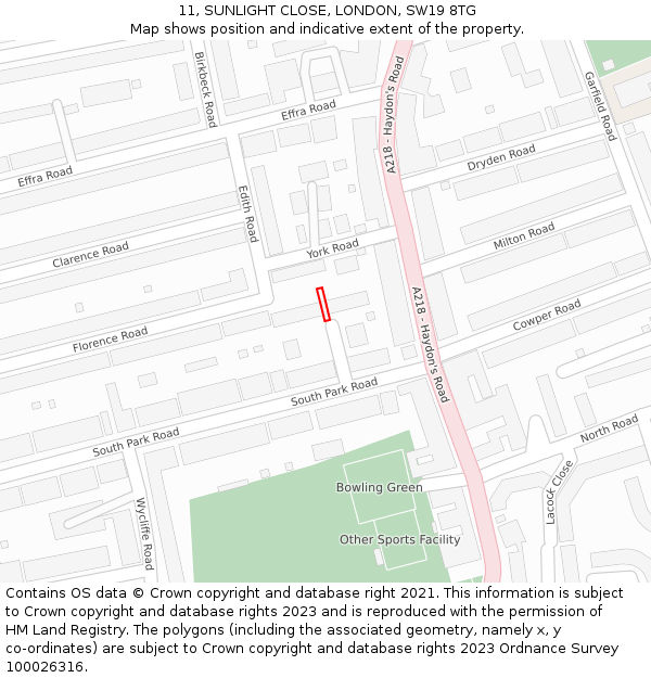 11, SUNLIGHT CLOSE, LONDON, SW19 8TG: Location map and indicative extent of plot