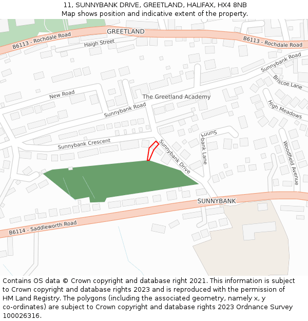11, SUNNYBANK DRIVE, GREETLAND, HALIFAX, HX4 8NB: Location map and indicative extent of plot