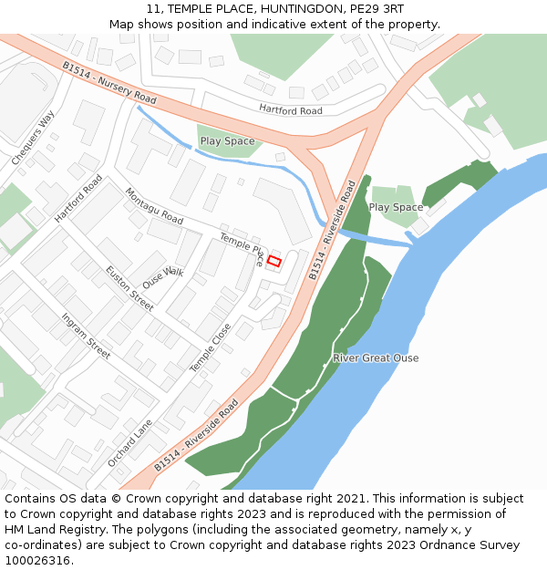 11, TEMPLE PLACE, HUNTINGDON, PE29 3RT: Location map and indicative extent of plot