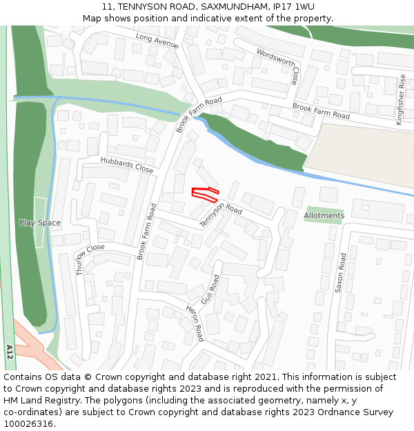 11, TENNYSON ROAD, SAXMUNDHAM, IP17 1WU: Location map and indicative extent of plot