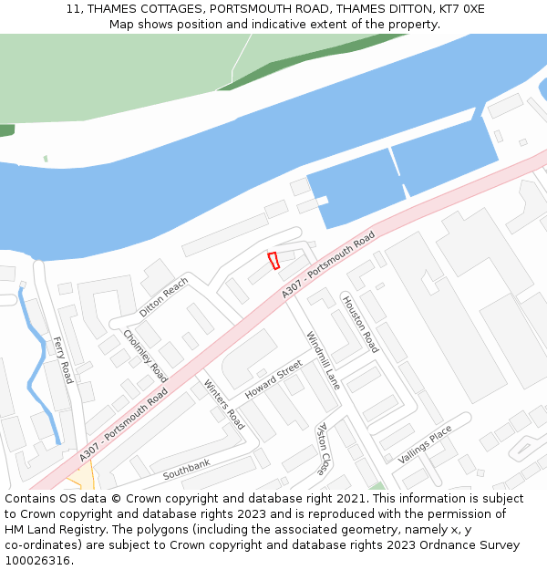 11, THAMES COTTAGES, PORTSMOUTH ROAD, THAMES DITTON, KT7 0XE: Location map and indicative extent of plot