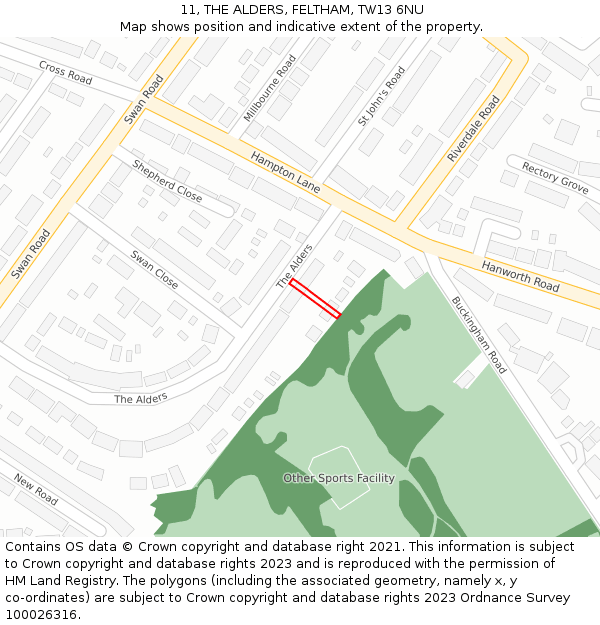 11, THE ALDERS, FELTHAM, TW13 6NU: Location map and indicative extent of plot