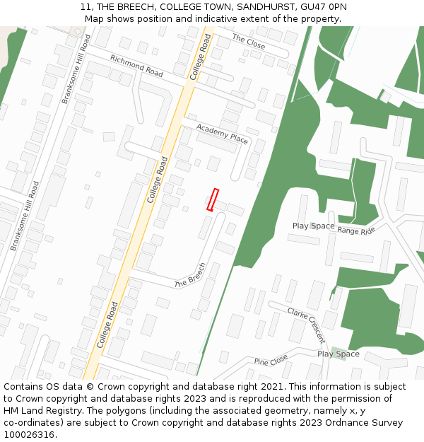 11, THE BREECH, COLLEGE TOWN, SANDHURST, GU47 0PN: Location map and indicative extent of plot