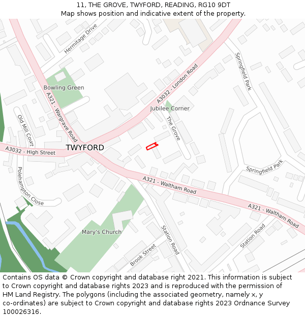 11, THE GROVE, TWYFORD, READING, RG10 9DT: Location map and indicative extent of plot