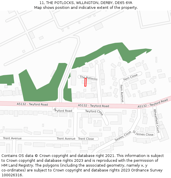 11, THE POTLOCKS, WILLINGTON, DERBY, DE65 6YA: Location map and indicative extent of plot