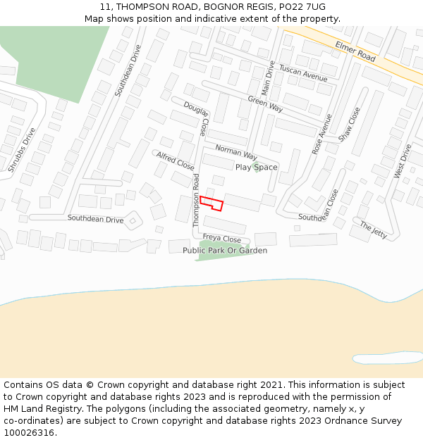 11, THOMPSON ROAD, BOGNOR REGIS, PO22 7UG: Location map and indicative extent of plot