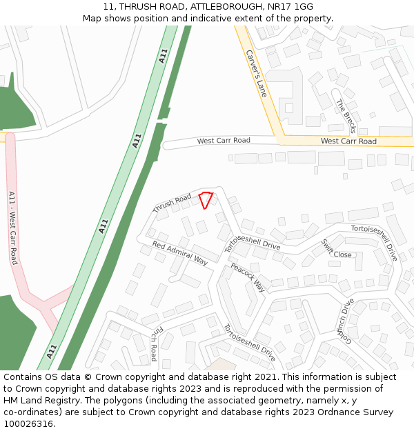 11, THRUSH ROAD, ATTLEBOROUGH, NR17 1GG: Location map and indicative extent of plot