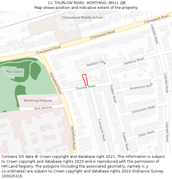 11, THURLOW ROAD, WORTHING, BN11 2JB: Location map and indicative extent of plot