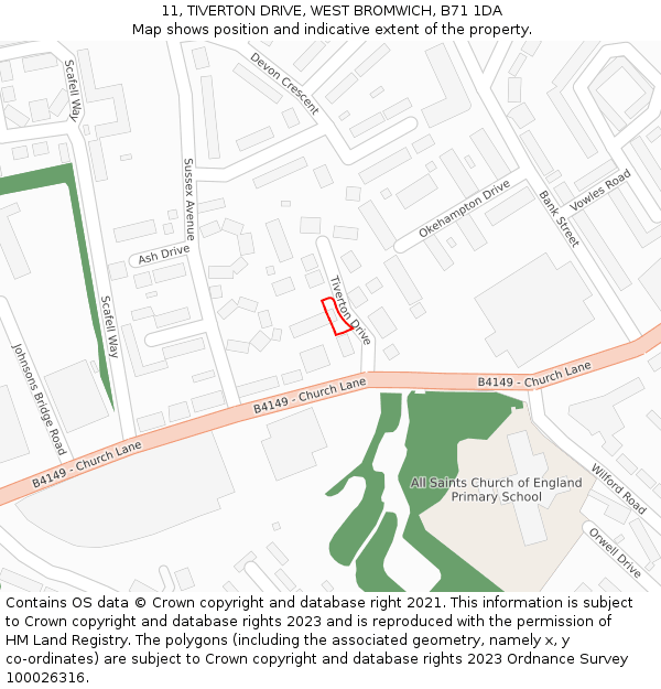 11, TIVERTON DRIVE, WEST BROMWICH, B71 1DA: Location map and indicative extent of plot