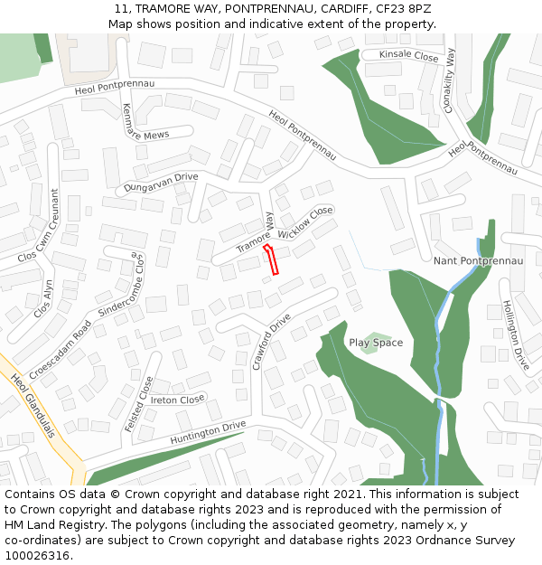 11, TRAMORE WAY, PONTPRENNAU, CARDIFF, CF23 8PZ: Location map and indicative extent of plot