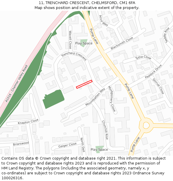 11, TRENCHARD CRESCENT, CHELMSFORD, CM1 6FA: Location map and indicative extent of plot