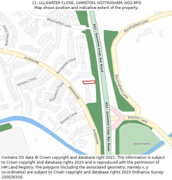 11, ULLSWATER CLOSE, GAMSTON, NOTTINGHAM, NG2 6PG: Location map and indicative extent of plot