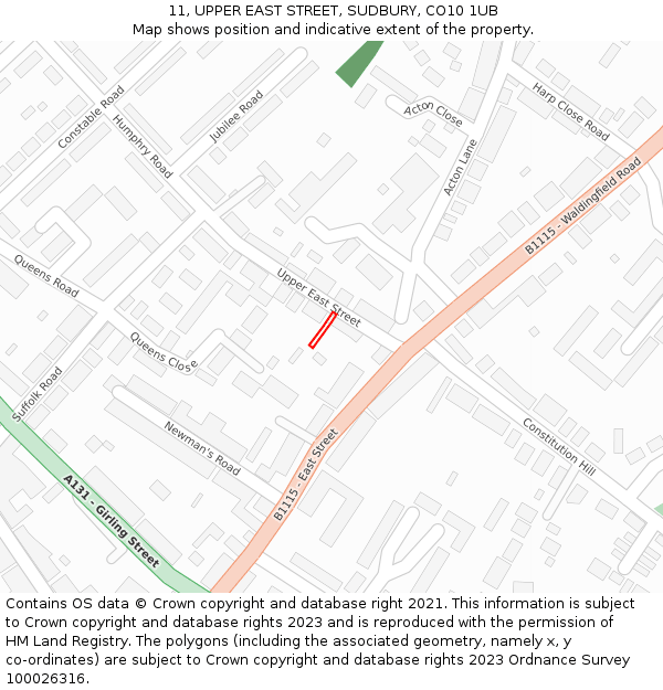 11, UPPER EAST STREET, SUDBURY, CO10 1UB: Location map and indicative extent of plot