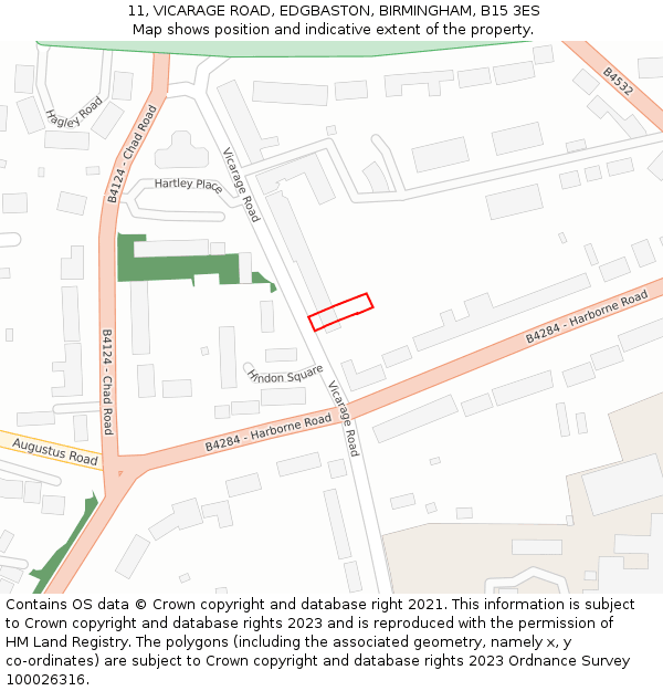 11, VICARAGE ROAD, EDGBASTON, BIRMINGHAM, B15 3ES: Location map and indicative extent of plot