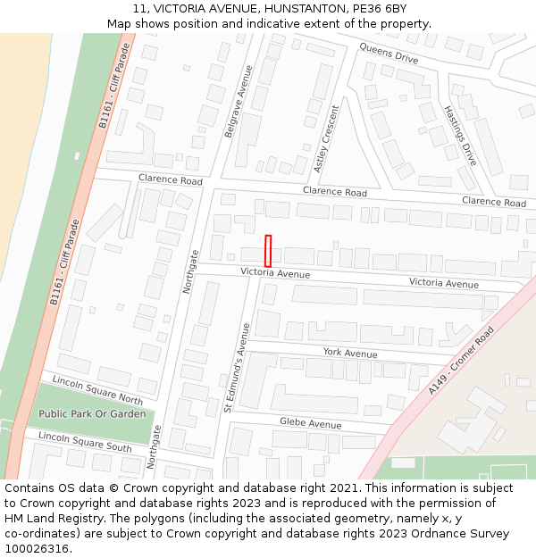 11, VICTORIA AVENUE, HUNSTANTON, PE36 6BY: Location map and indicative extent of plot