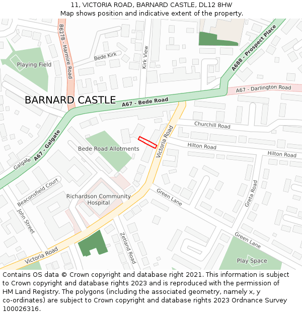 11, VICTORIA ROAD, BARNARD CASTLE, DL12 8HW: Location map and indicative extent of plot
