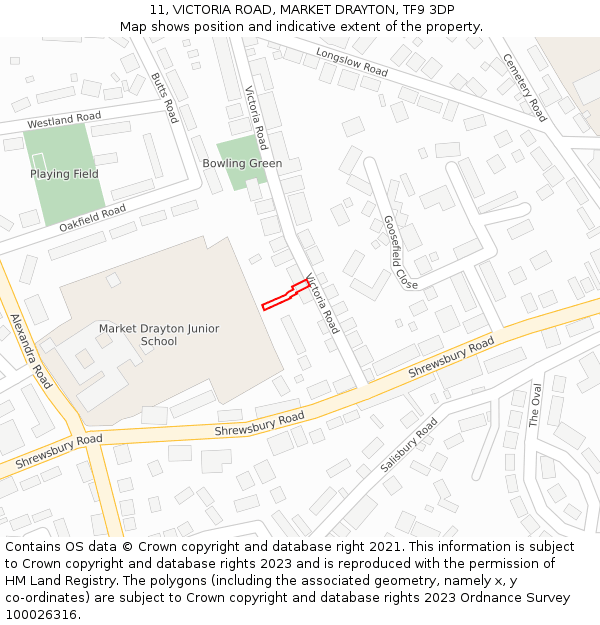 11, VICTORIA ROAD, MARKET DRAYTON, TF9 3DP: Location map and indicative extent of plot