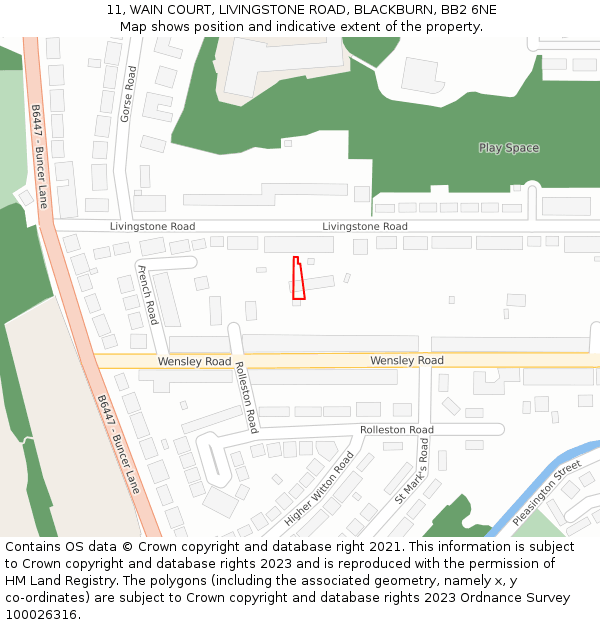 11, WAIN COURT, LIVINGSTONE ROAD, BLACKBURN, BB2 6NE: Location map and indicative extent of plot