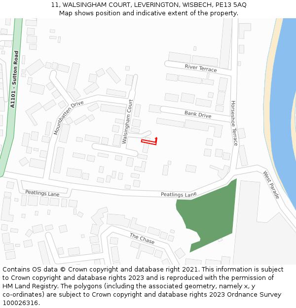 11, WALSINGHAM COURT, LEVERINGTON, WISBECH, PE13 5AQ: Location map and indicative extent of plot