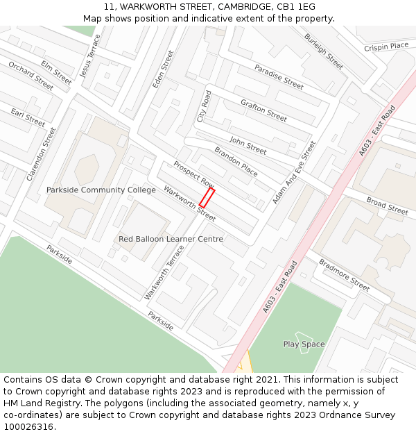 11, WARKWORTH STREET, CAMBRIDGE, CB1 1EG: Location map and indicative extent of plot