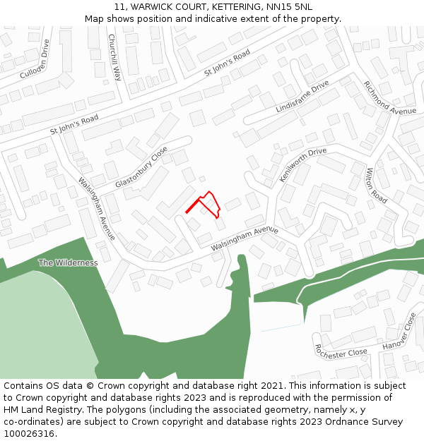 11, WARWICK COURT, KETTERING, NN15 5NL: Location map and indicative extent of plot
