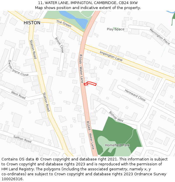 11, WATER LANE, IMPINGTON, CAMBRIDGE, CB24 9XW: Location map and indicative extent of plot