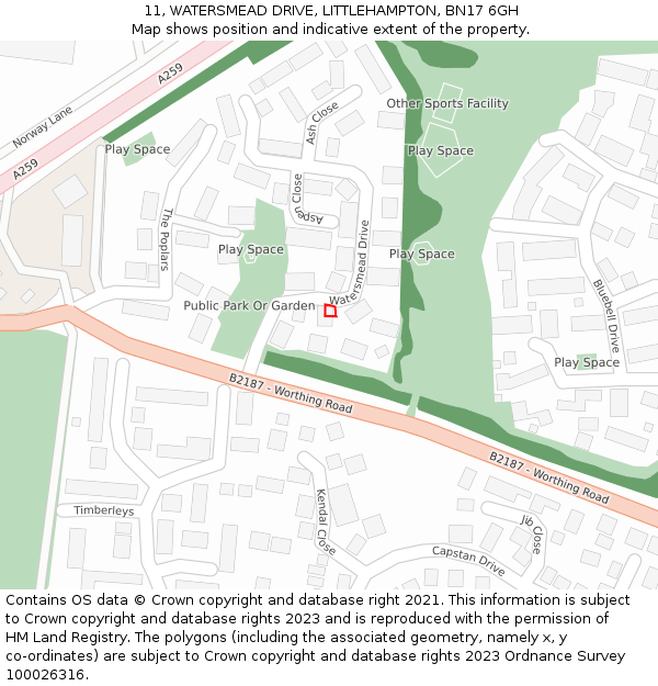 11, WATERSMEAD DRIVE, LITTLEHAMPTON, BN17 6GH: Location map and indicative extent of plot