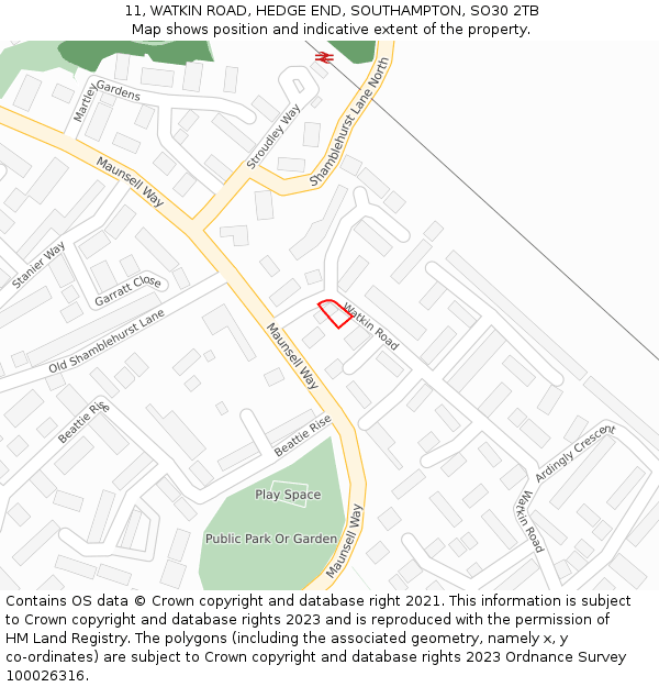 11, WATKIN ROAD, HEDGE END, SOUTHAMPTON, SO30 2TB: Location map and indicative extent of plot