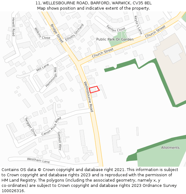 11, WELLESBOURNE ROAD, BARFORD, WARWICK, CV35 8EL: Location map and indicative extent of plot