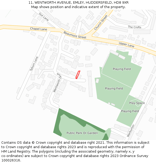 11, WENTWORTH AVENUE, EMLEY, HUDDERSFIELD, HD8 9XR: Location map and indicative extent of plot