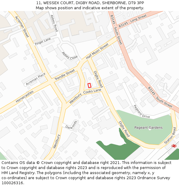 11, WESSEX COURT, DIGBY ROAD, SHERBORNE, DT9 3PP: Location map and indicative extent of plot