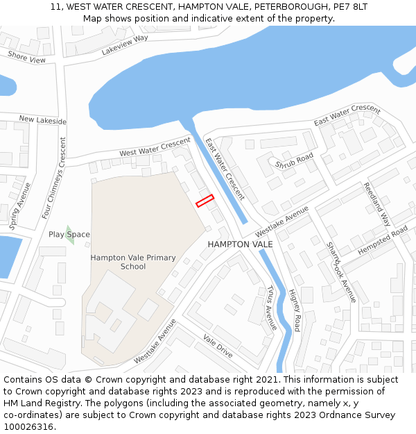 11, WEST WATER CRESCENT, HAMPTON VALE, PETERBOROUGH, PE7 8LT: Location map and indicative extent of plot