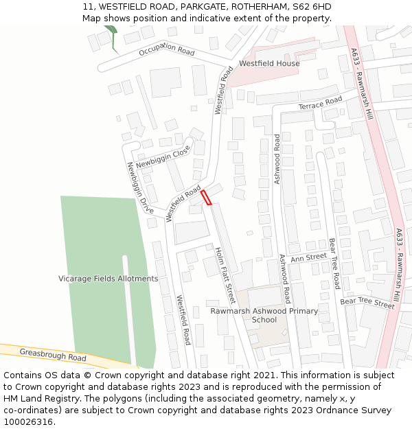 11, WESTFIELD ROAD, PARKGATE, ROTHERHAM, S62 6HD: Location map and indicative extent of plot