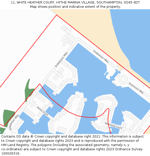11, WHITE HEATHER COURT, HYTHE MARINA VILLAGE, SOUTHAMPTON, SO45 6DT: Location map and indicative extent of plot